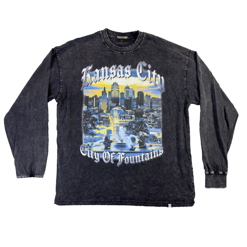 Kansas City City Of Fountains Shirt Large Black Washed Graphic Cotton MADE MOBB